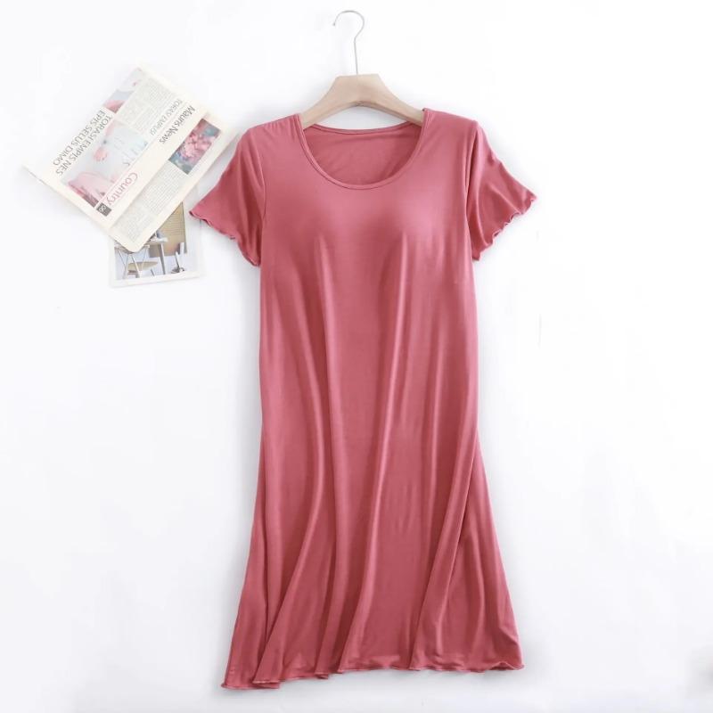 Modal Night Gown with Chest Pad Short-length Sleeve Nightdress Pajamas Bra-free Thin Large Size Ruffle Sleeping Dress for Women Summertime