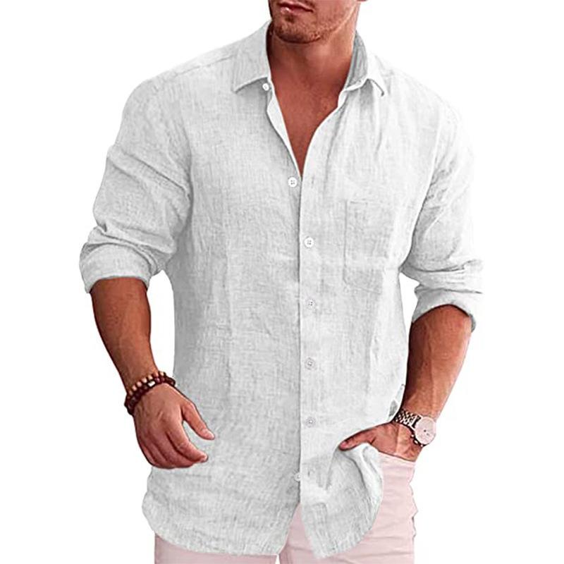 Men's Loose Large Size Solid Colour Shirt Linen Lapel Long-sleeved Casual Shirt Men's Tops