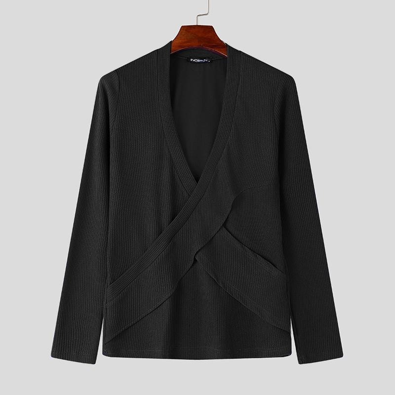 INCERUN Men V Neck Front Cross Long Sleeve Fitted Tops Knitted Rib Undershirts