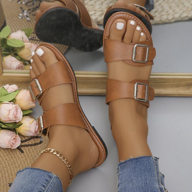 Open-toed Flat-bottomed Slippers Female Wish Large Size One-word Buckle Belt Outside Wearing Beach Cool Slippers Sandals