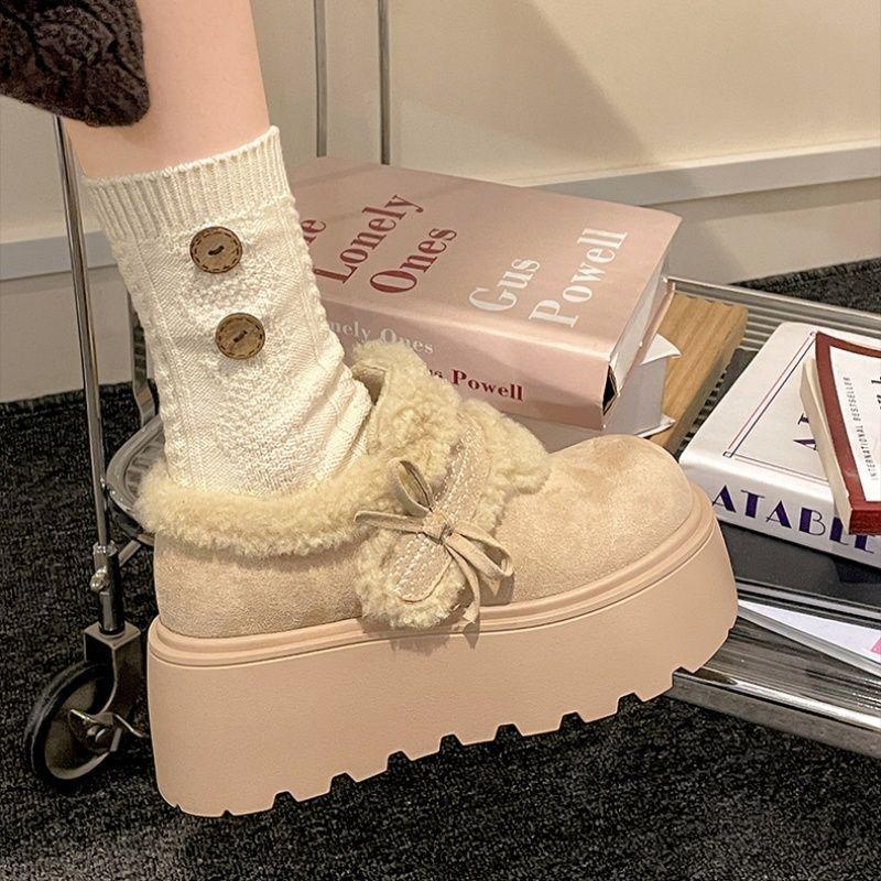 Wear bow-tied cotton shoes outside, winter platform cotton shoes, thick soles are high, warm and high snow fluffy shoes are high