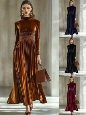 Novo Vestido Feminino de Veludo Dourado de Manga Longa para Outono Inverno com Saia Maxi Elegante Afinando a Cintura