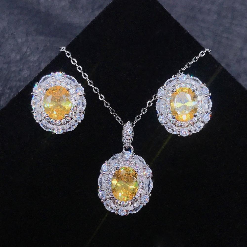 Luxury Women Jewelry Set Synthetic High Carbon Yellow Diamond Argyle Pink Diamond Earrings Full Diamond Pendant