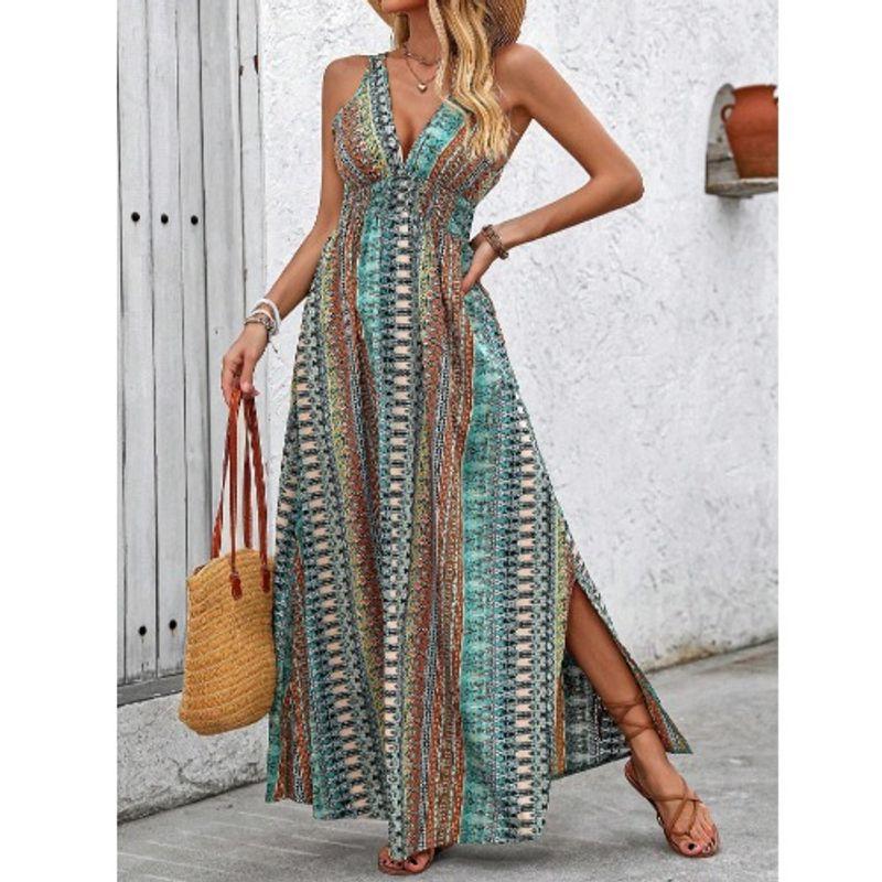 

Европейский и американский ретро летний новый глубокий V-образный вырез сексуальное платье без спинки на шнуровке с облегающим талию принтом с разрезом на бретелях длинное платье Green XL