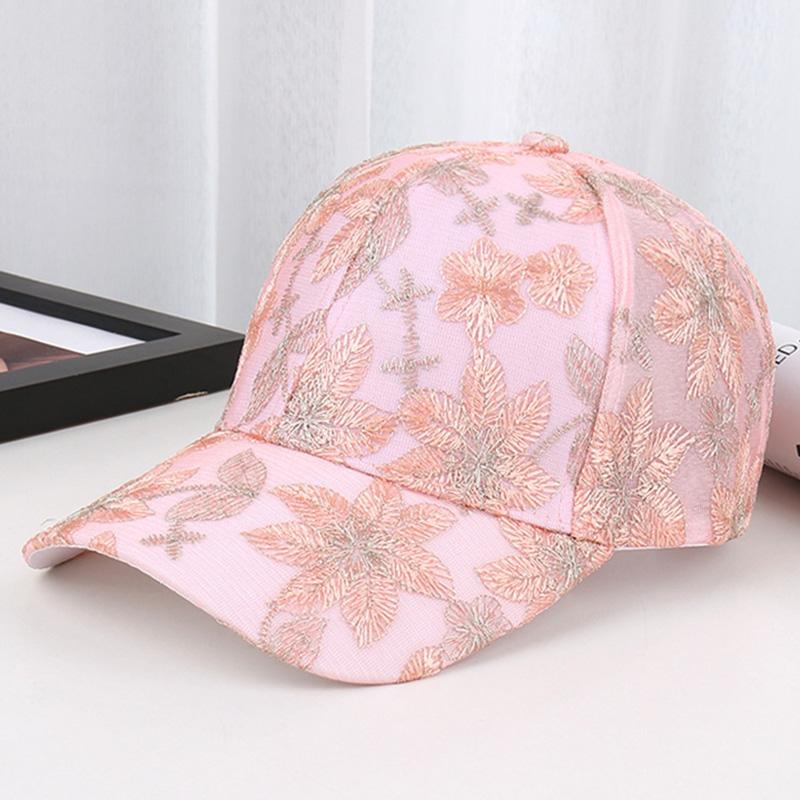 Women'S Summer Breathable Lace Flower Baseball Cap, Polyester Knit Fabric, Stretch Fit, Fashionable Hollow-Out Design