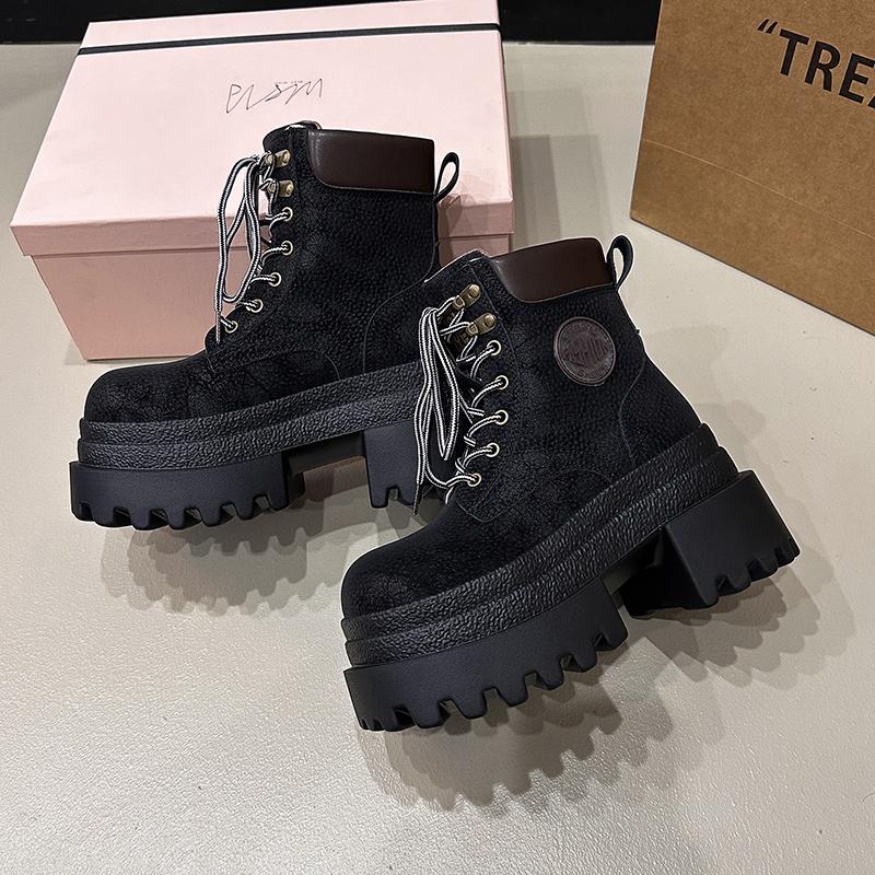 Fashion 9CM Women New Autumn Winter Leather Ankle Boots Chunky Heels Motorcycle Boots Woman Thick Bottom High Platform Short Booties