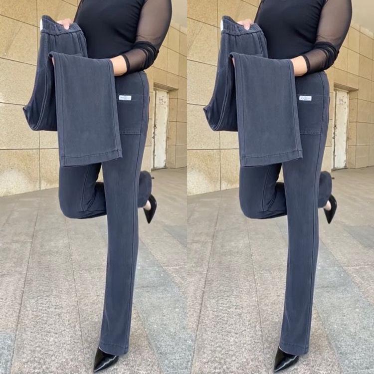 Dámské kalhoty s vysokým pasem z ledového hedvábí s rovnými nohavicemi – Měkký, opraný denim s elastickým splývavým materiálem pro volný, módní vzhled, který omlazuje