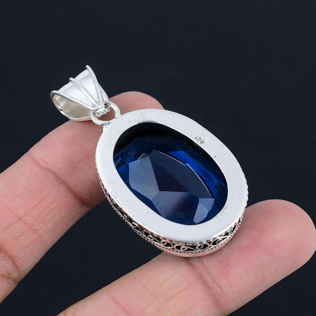 Faceted Blue Topaz Gemstone Pendant Solid 925 Sterling Silver Pendant Jewelry Gift For Unisex