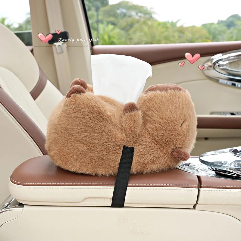 Car Tissue Boxes Capybara Plush Accessories Car Backseat Hanging Tissue Bag Box Plush Holder Cover Auto Toys Interior Decoration