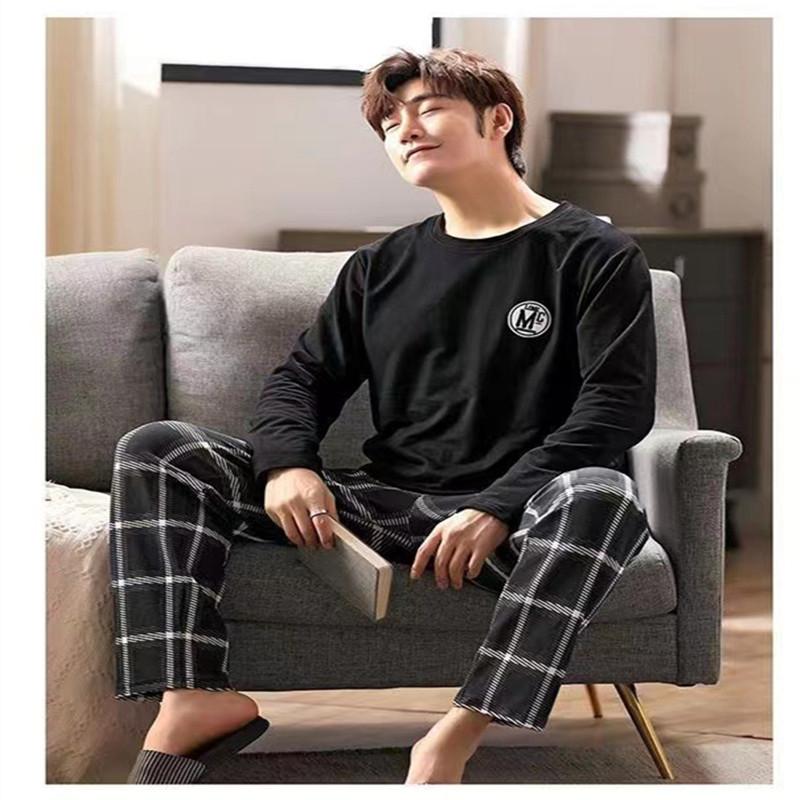 Summer Men's Pyjamas New Long-Sleeved Large Size Youth Home Wear Suit Black Plaid Trousers Two-Piece Set Can Be Worn Outsid