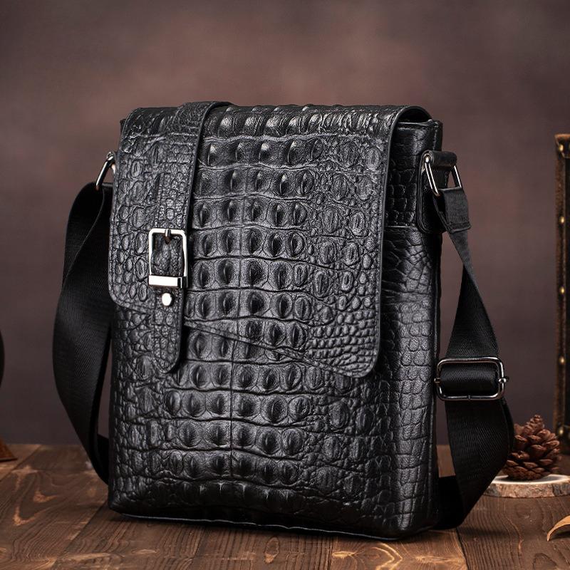 Men's Crocodile Print Single-shoulder Bag, Retro Genuine Leather Men's Crossbody Bag