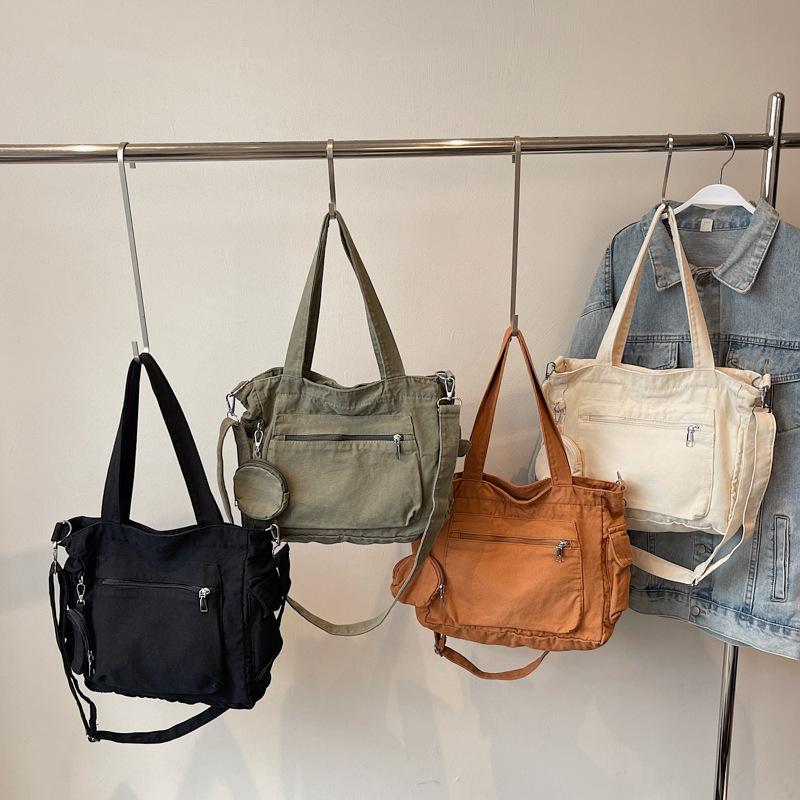 Large Capacity Tote Bag Canvas Bag Solid Color Student Crossbody Bag