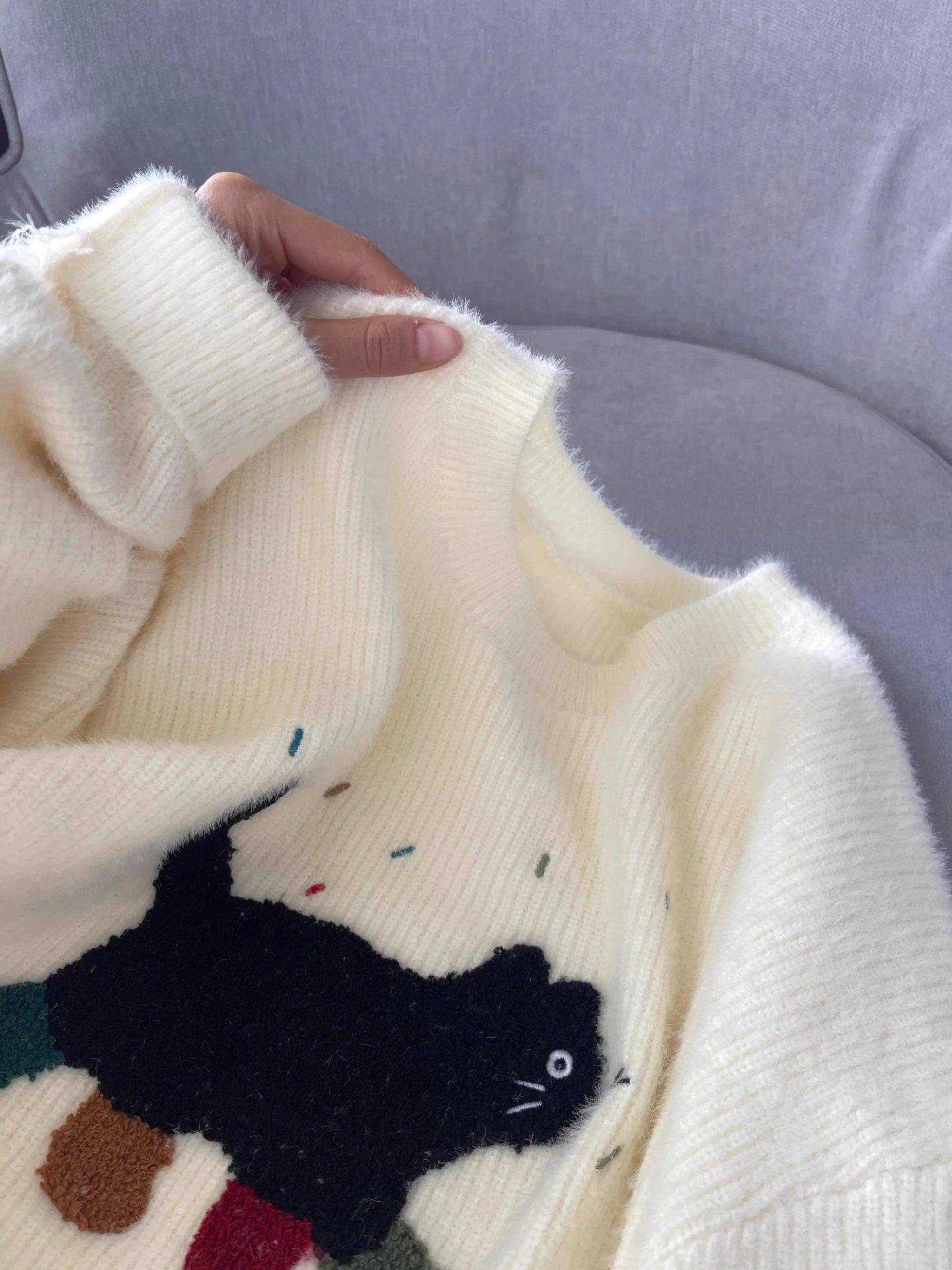 

Женский свитер с 3D вышивкой котенка - Коллекция Осень/Зима 2025, Свободный крой, Трикотаж с длинным рукавом L (suggested weight 110-120 jin) белый