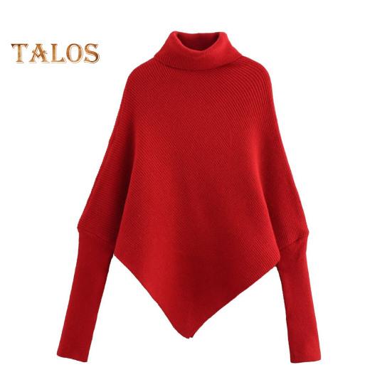 

Женский свитер однотонный с высоким воротом и длинными рукавами, трикотажный свитер облегающего кроя с неровным подолом средней длины красный