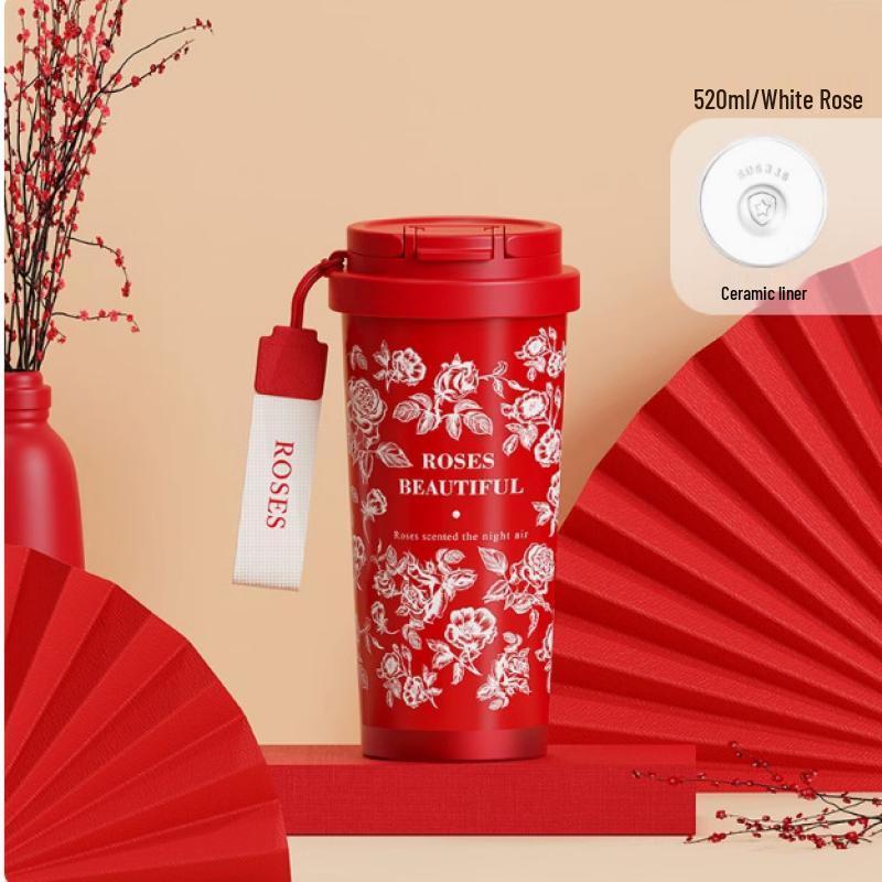 Shangqi Red Rose Ceramic-Lined Insulated Coffee Mug, 520ML
