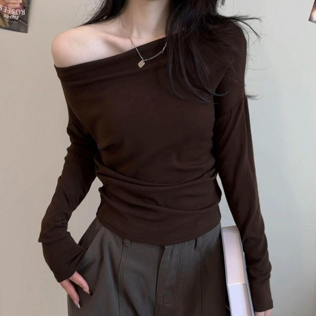 R6Q2025 Summer Stylish Korean Slimming One-Shoulder Long Sleeve Women's Top - Early Autumn Versatile Collection