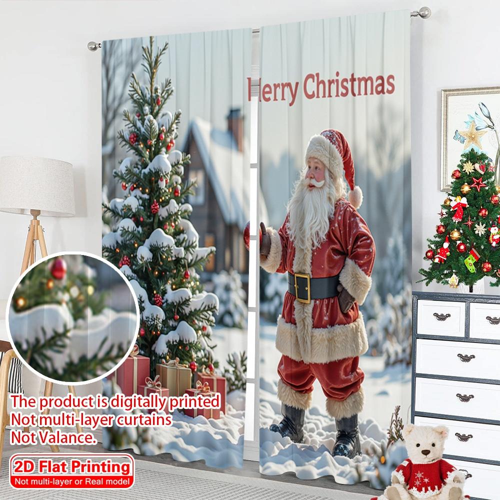 2pcs 2D flat printing Merry Christmas Popular Party Window Curtains Merry Christmas Snowing Santa House Fabric Without