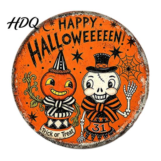Halloween Theme Wall Art Retro Sign Round Metal Decorative Vintage Illustration Sign Rustic Decor for Living Room Party Decoration Nostalgic Hanging
