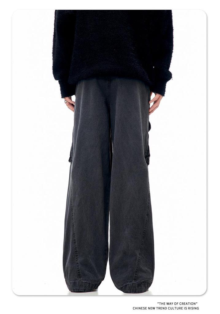 11KN Unisex Retro Wide Leg Work Pants with 3D Pockets - Pleated, Loose, Slimming, Casual, Long Fit