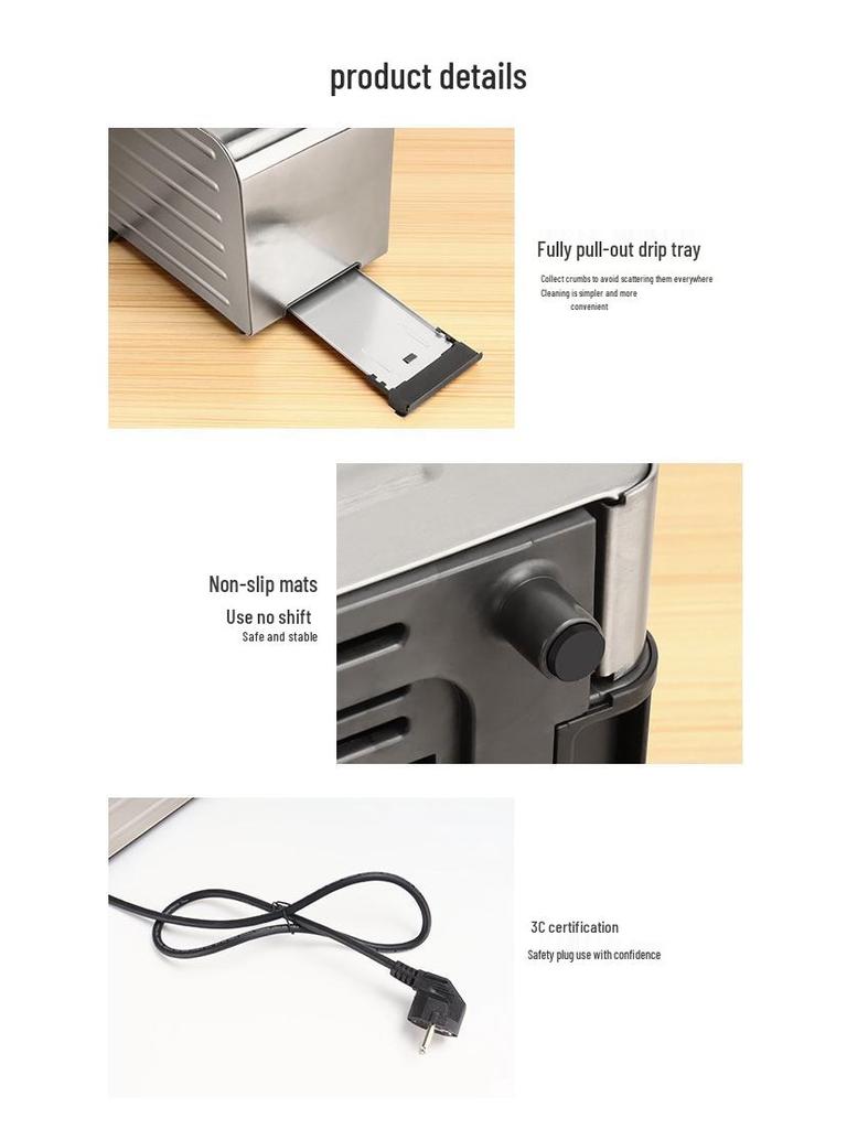 High-Power Stainless Steel Automatic Toaster with Wide Slot