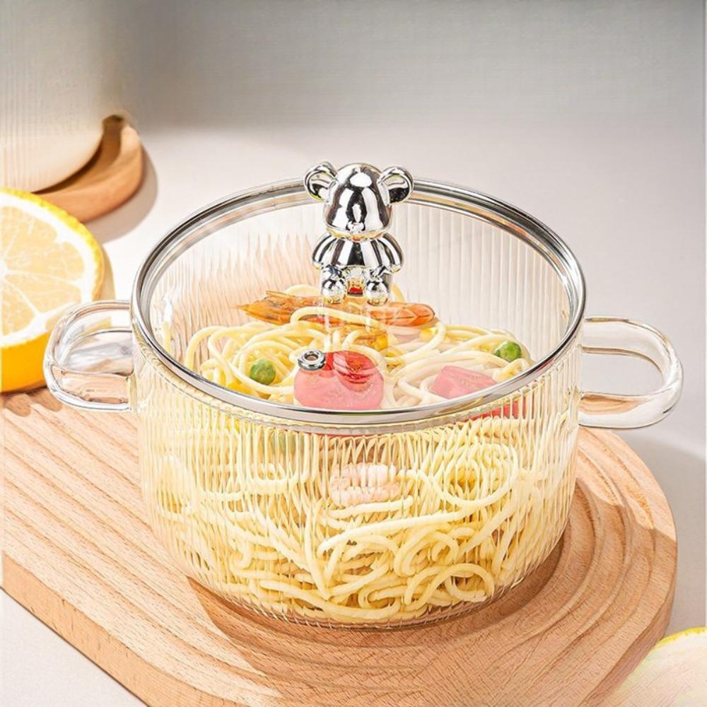 Panela de Sopa com Alça Binaural Resistente ao Calor Tigela de Ramen Utensílios de Cozinha Urso Caçarola de Vidro Mingau