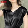 Hengyuanxiang Elegant Slim Fit V-Neck Short Sleeve Silk Dress