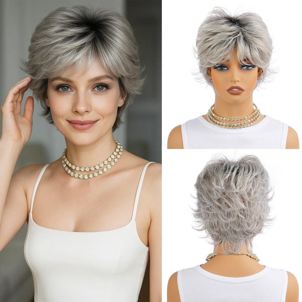 Short Natural Wigs with Bangs Soft Mommy Hair Daily Use Silver White Gray Curly Synthetic Hair Costume Party Wig for Women