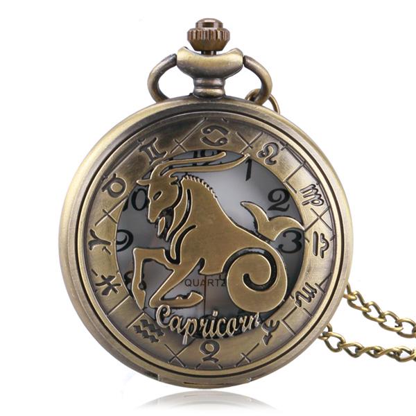 Retro Bronze Constellation Stylish Capricorn Pocket Watch Fob Watch Women Men Fashion Gift