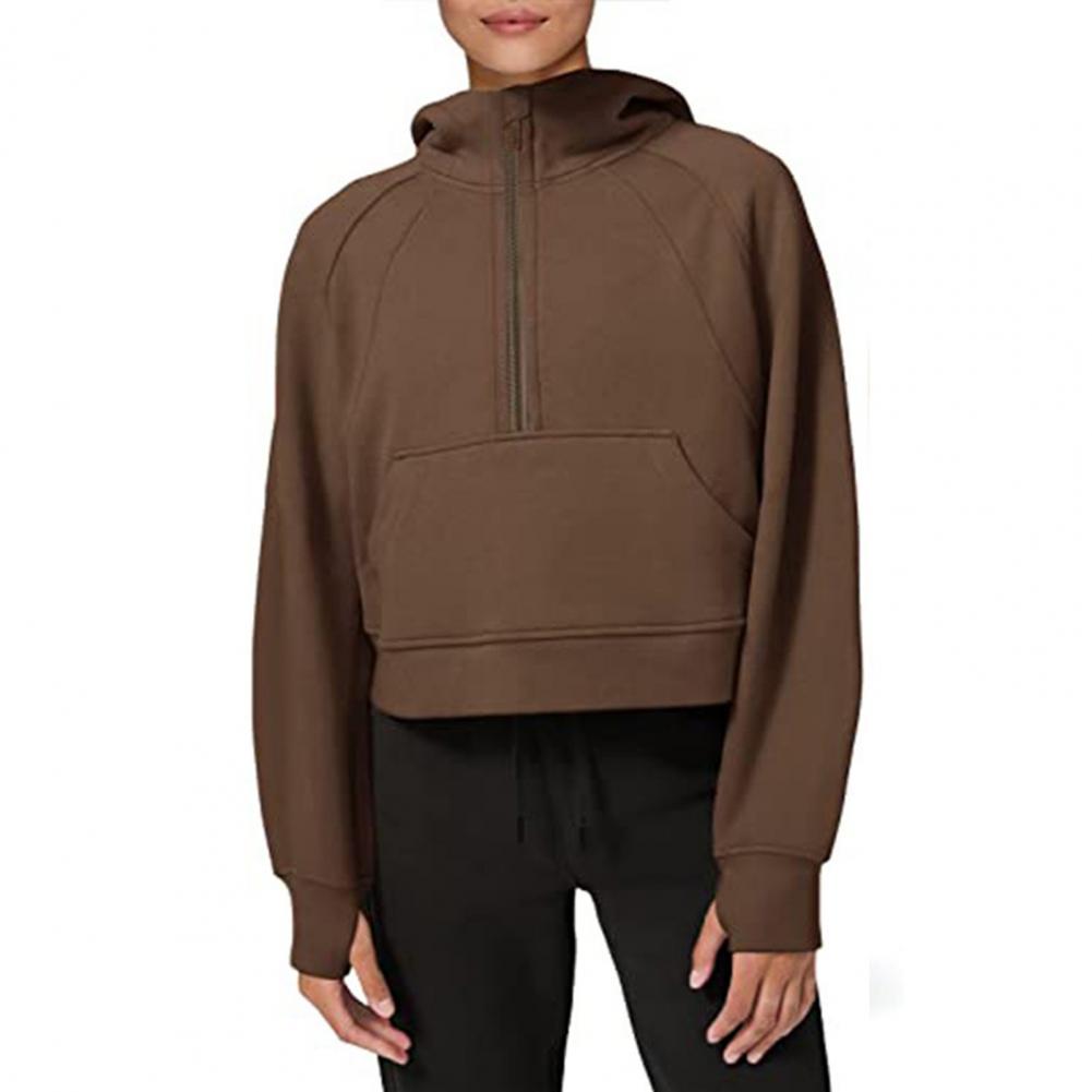 Stand Collar Long Sleeve Front Pocket Zipper Half Placket Thumbhole Design Fleece Lining Women Hoodie Autumn Solid Color Loose H