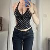Polka Dot Deep V-Neck Halter Crop Top for Women