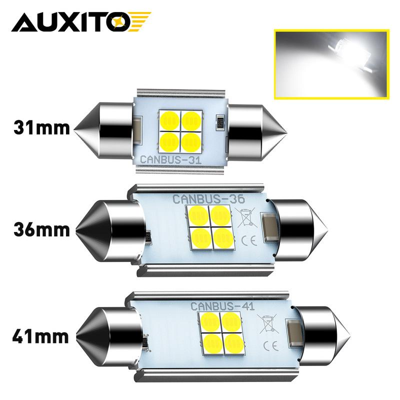 AUXITO 2Pcs C10W C5W LED Canbus Festoon 31mm 36mm 41mm LED Bulb Auto Map Trunk Reading Light Dome Car Interior Lamp 6000k White 31mm
