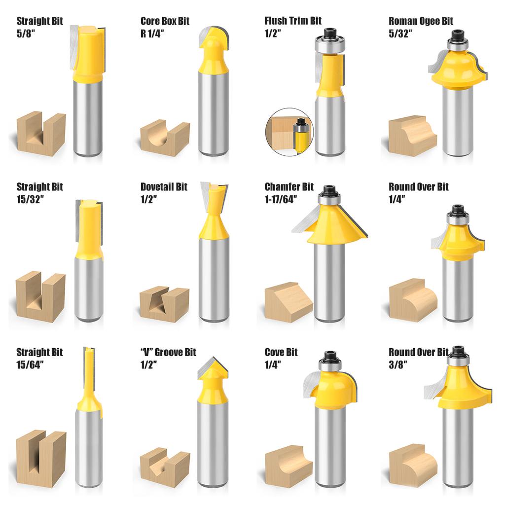 12pcs 6mm 8mm 1/4in 1/2in Shank Router Bits Set Woodworking Milling Cutter Trimming Straight Bits Carbide Engraving Cutting Tool