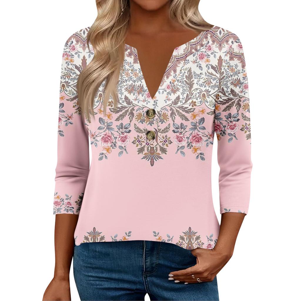 3/4 Sleeve Womens Tops For Women Henely Tops Button V Neck  Loose Fit Dressy Womens Summer Tops