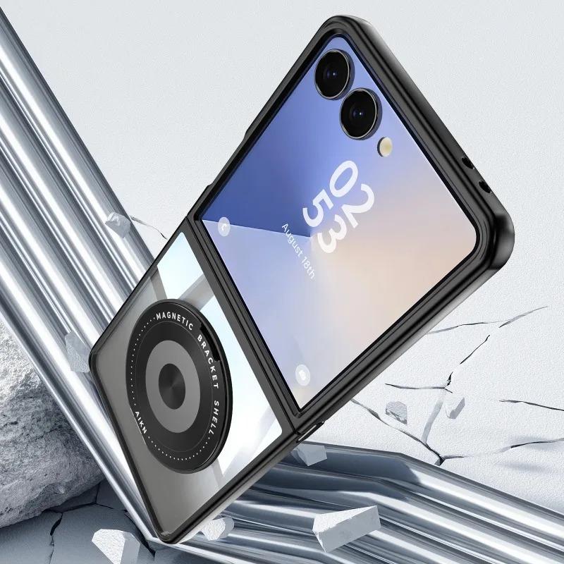 Magnetic Ring Holder Kickstand Protective Phone Cover for Samsung Galaxy Z Flip 7 Shockproof Hybrid TPU PC Transparent Back Case