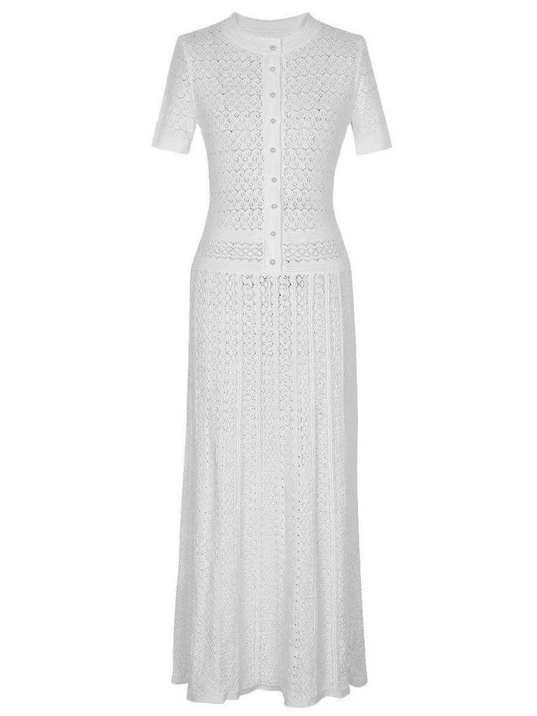 Rochie Lungă Elegantă S5 Primăvară/Vară cu Imprimeu Floral Francez, Decolteu Rotund, cu Nasturi