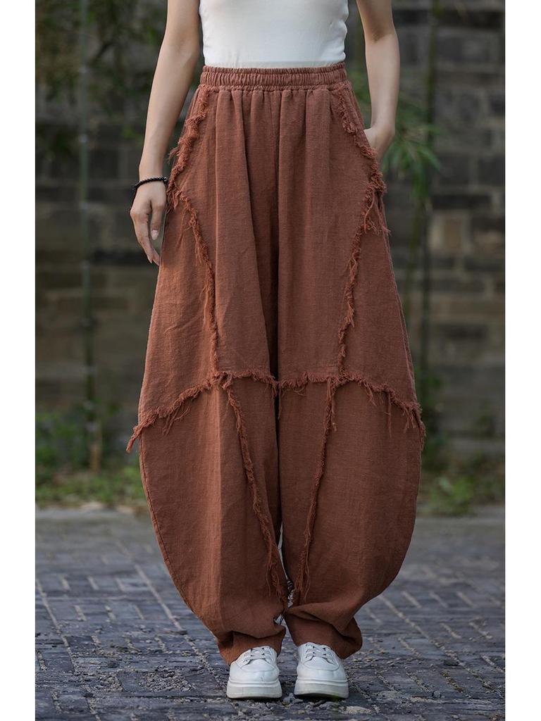 Spring Plus Size Ramie Brushed Lantern Pants, Casual Cotton-Linen Distressed Style for Women