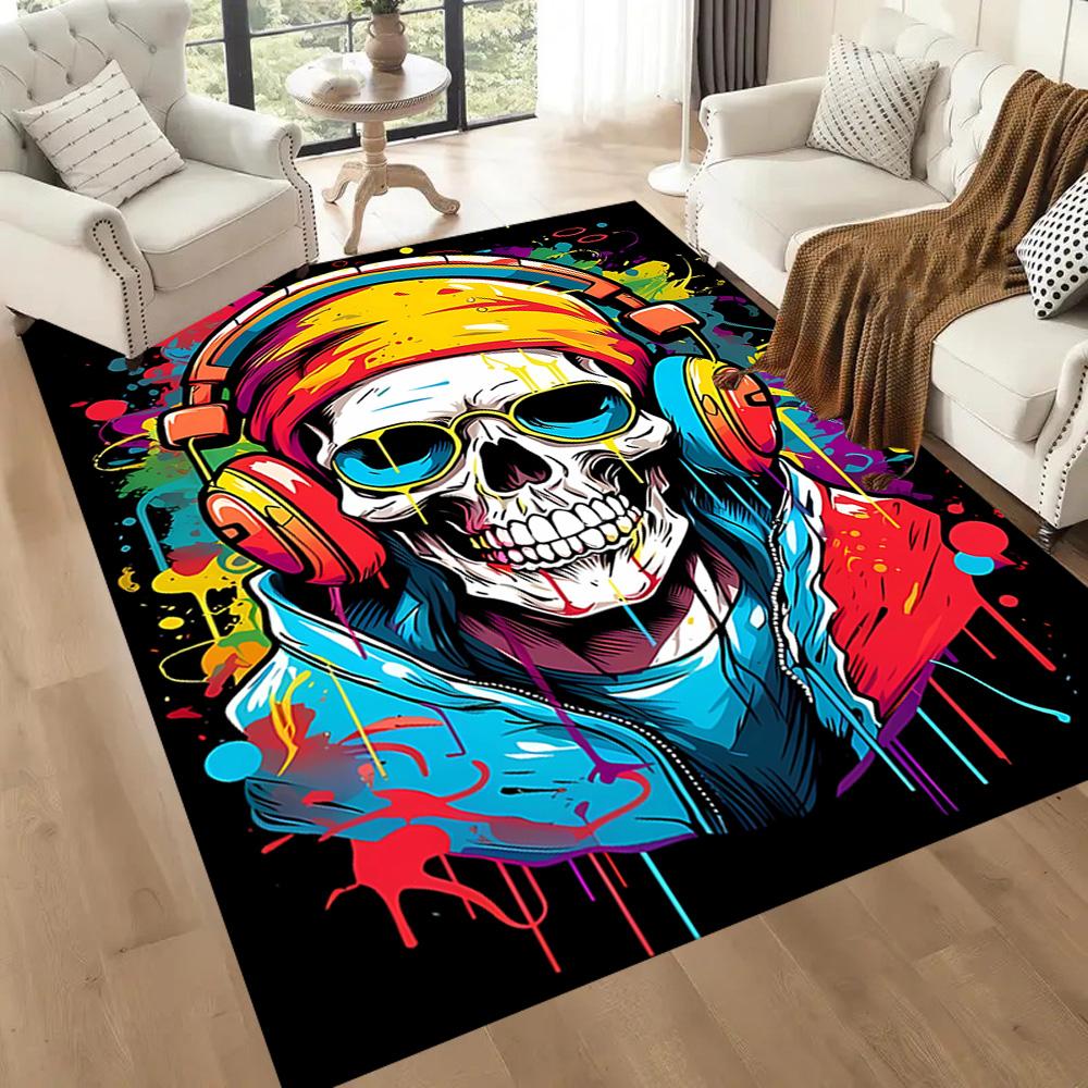 Skull With Headphones Artwork Floor Mats for Living Room, Bedroom and Room Decoration Are Suitable for Gifts.