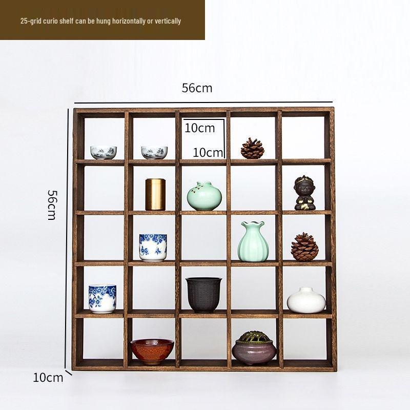 Wall-Mounted Solid Wood Curio Display Shelf – Grid Storage Rack for Teacups & Master Cups