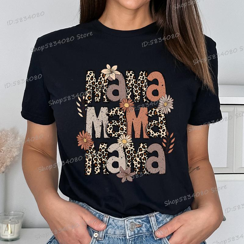 Fashion Funny Leopard Mama Flower Print Kids Short Sleeves T-Shirt Loose Casual Summer Outdoor Street Boy and Girl Tees Tops
