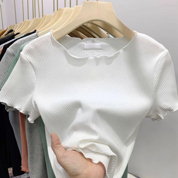 

Женский облегающий трикотажный топ с рубчиком, с коротким рукавом, белый L