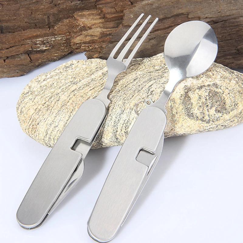Camping Tableware Set Stainless Steel Folding Fork Spoon Knife Bottle Opener Removable Tableware Travel Kitchen User Portable