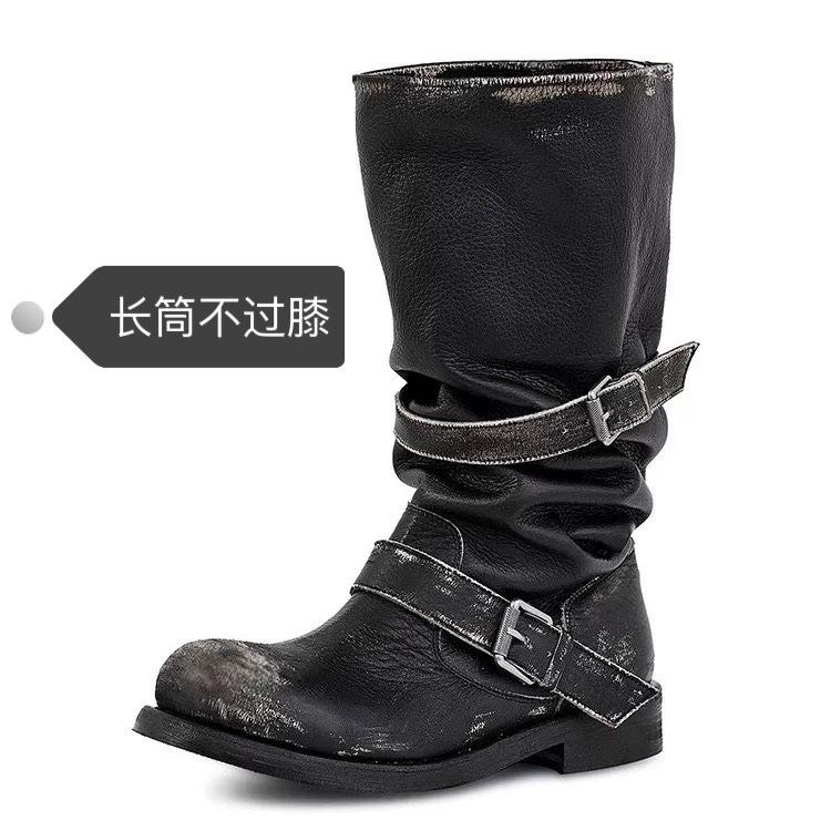

Cowhide version~ leather boots women s heavy industry old pile boots belt buckle two wear retro knight boots outdoor boots 35