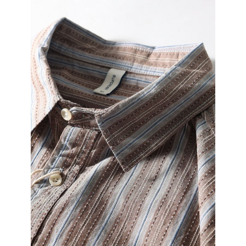 Vintage American Shirt Men Short Sleeve Stripes Summer Pure Cotton Retro Outwear Export Men's Casual Shirt