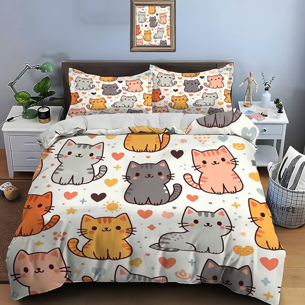Cute Cartoon Cats Print Bedding Set Duvet Cover 1 Duvet Cover 2 Pillowcases Adult and Children Bedding Set Luxury Comforter Set
