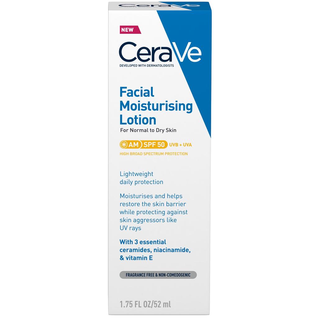CeraVe Facial Moisturizing Lotion SPF 50 for Normal To Dry Skin, 52 Ml, with Ceramides & Hyaluronic Acid, Broad Spectrum Sunscreen, Oil-Free