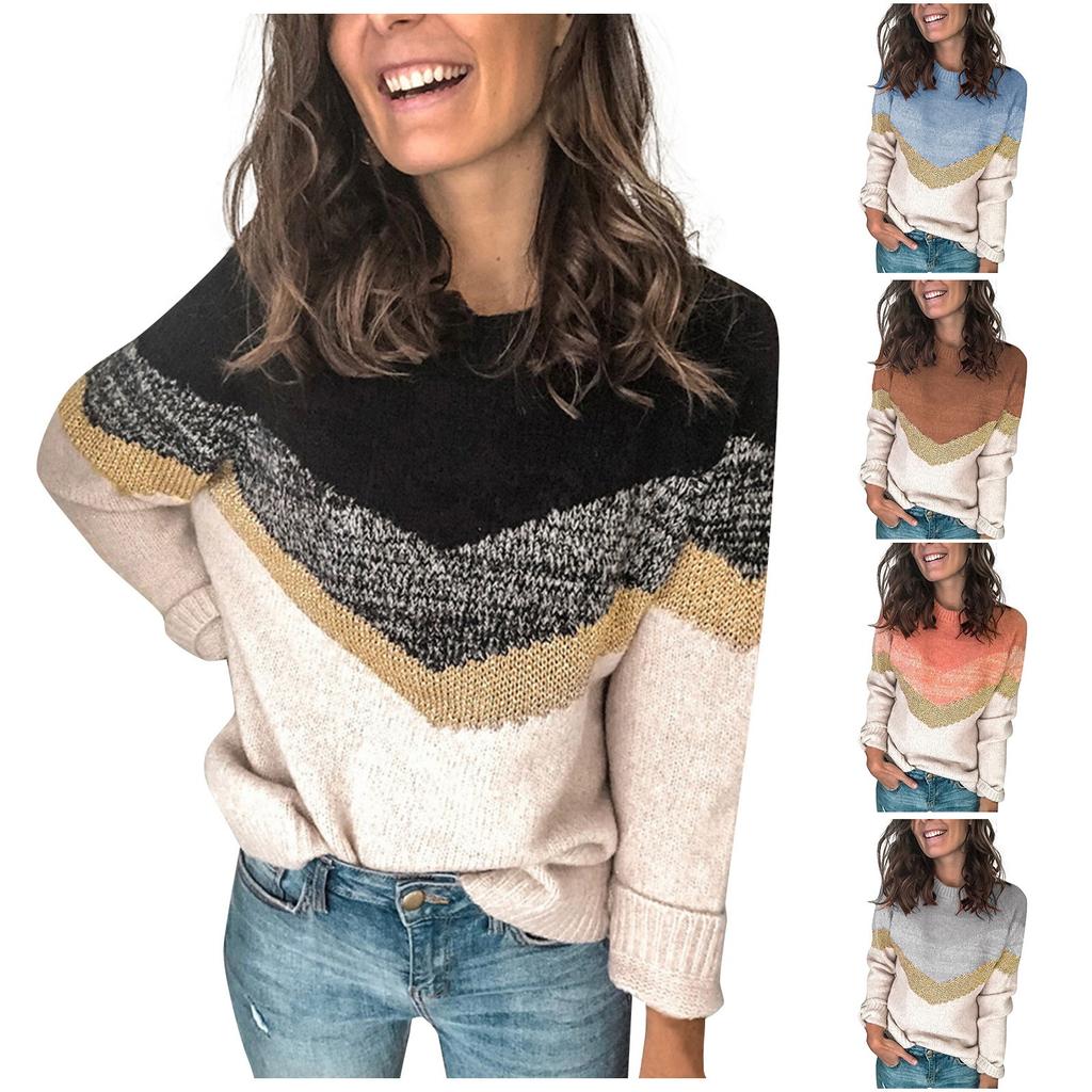 Otoño Invierno patrón geométrico manga larga Mujer Color-Block cuello redondo An Otoño Invierno patrón geométrico manga larga Mujer Color-Block cuello redondo An