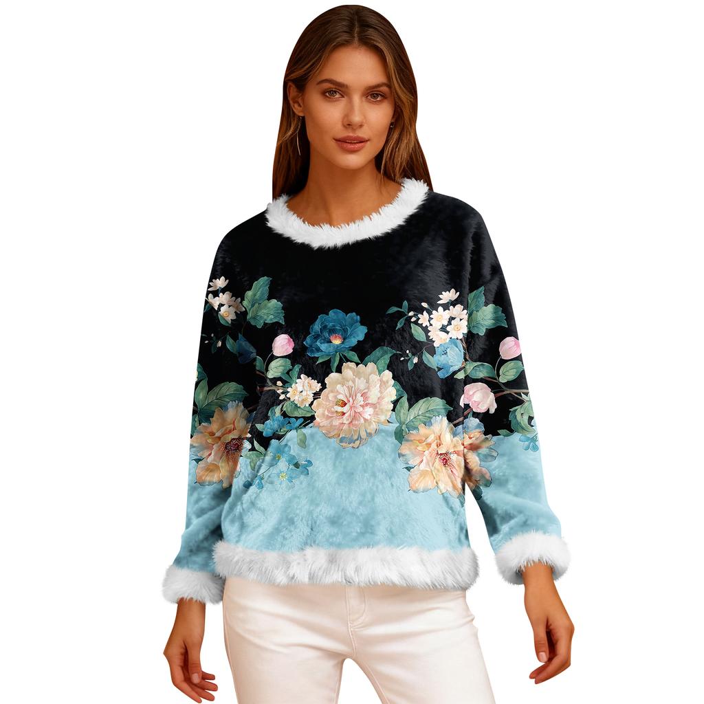 Women's Casual Fleece Sweatshirt  Long-Sleeve Round  Neck Casual Comfortable Loose-Fit Lightweight Women's Flannel Sweatshirt