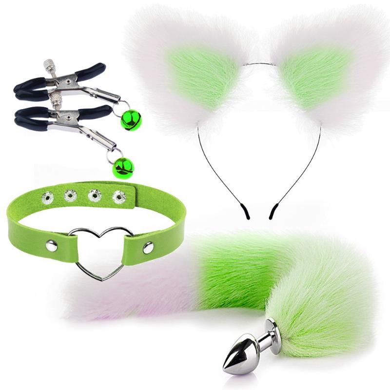 4Pcs/Set Cute Fox Tail Anal Plug Cat Ears Headbands Set Nipple Clip Neck Collar Cosplay Sex Toys For Women