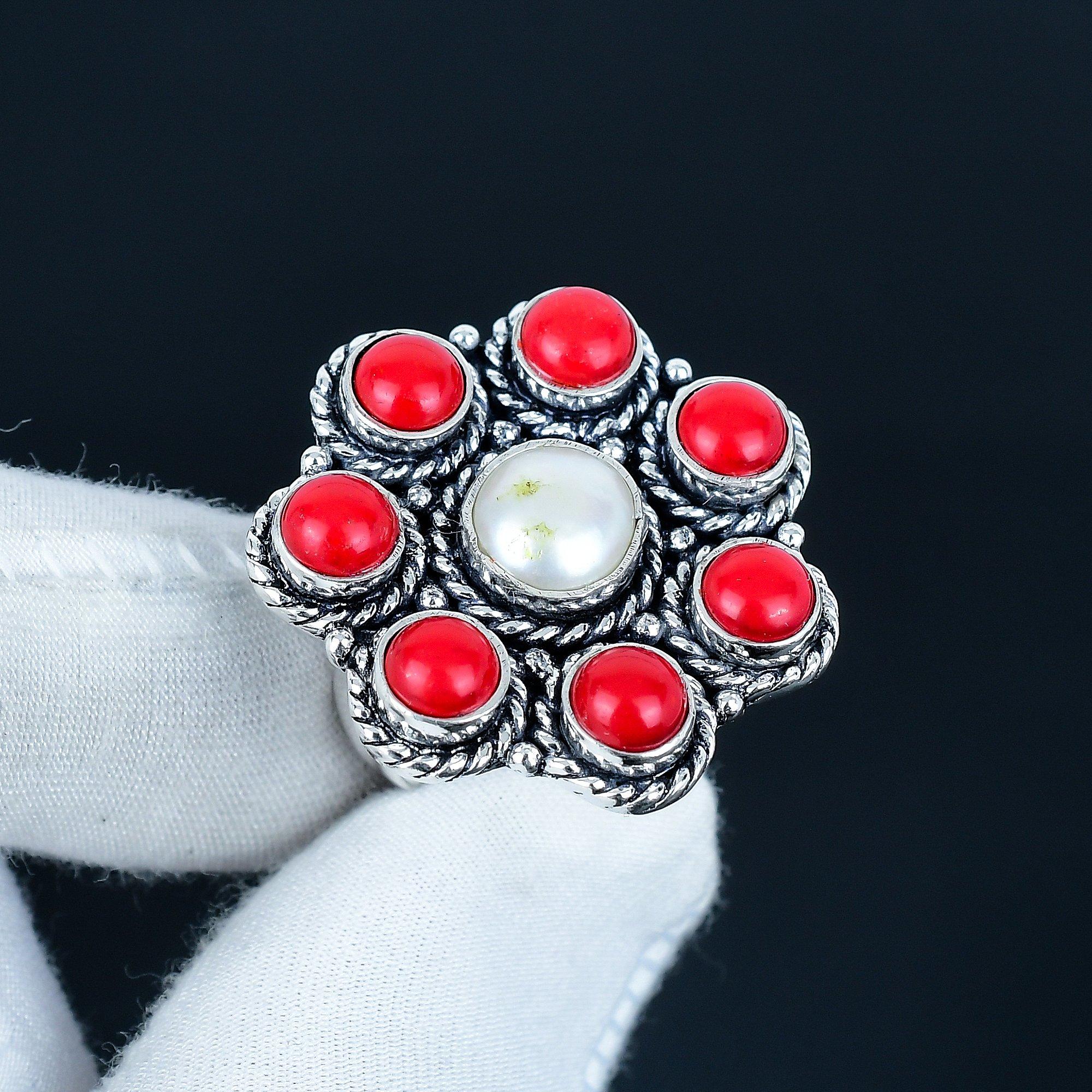 

Натуральный перламутр, Красный коралл, Драгоценный камень, Ручная работа, Кольцо из стерлингового серебра 925 пробы - Кольцо в богемном стиле - Украшения бохо ручной работы для женщин и мужчин, Подарки US 7 белый