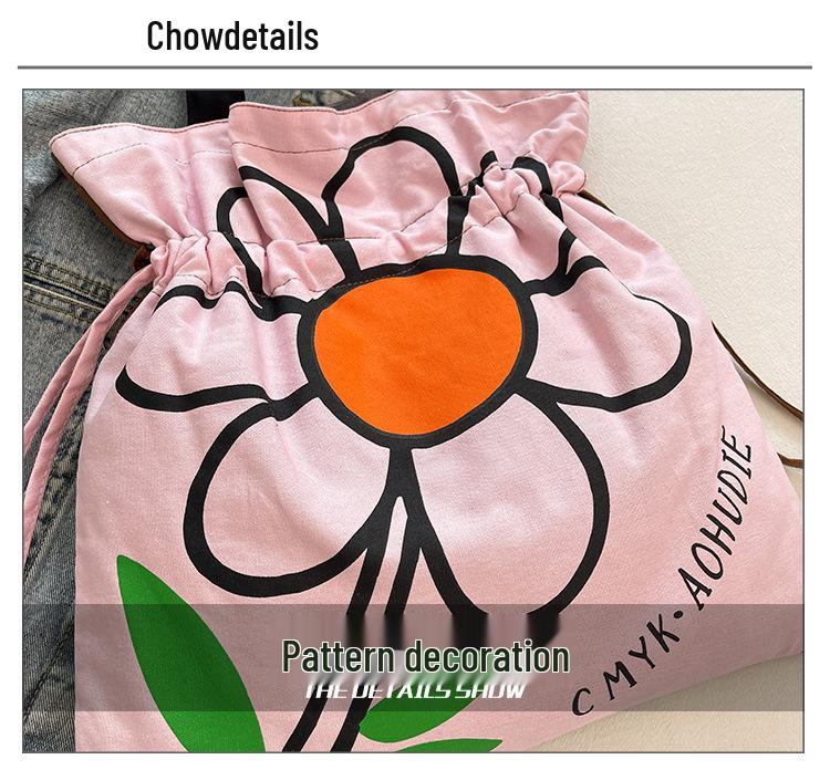 Floral Print Canvas Shoulder Handbag: Trendy Pleated Drawstring Design for Women